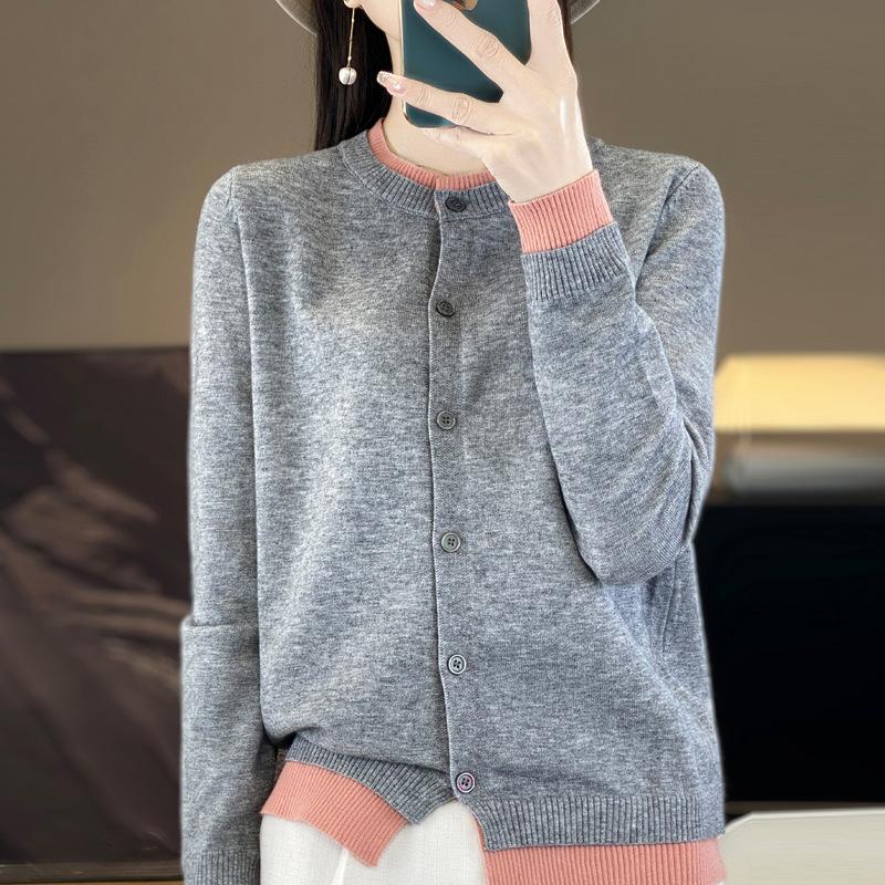 GMXIA Colorblocked Knit Cardigan Jacket Niche Knit O-Neck Tops Outerwear