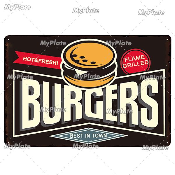 [MyPlate] Hamburger Metal Sign Plaque Metal Vintage Tin Sign Wall Decor For Club Man Cave Bar Decoration Tin Plate