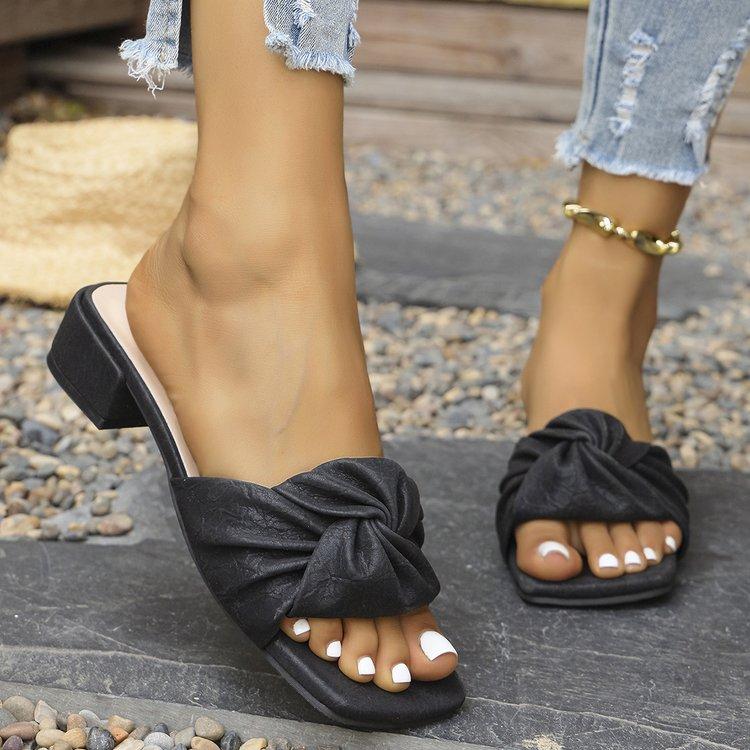 Women Bow Knot Pleated Block Heel Slide Sandals Summer Open Toe Casual Slip on Mules Shoes High Heels Slippers 35