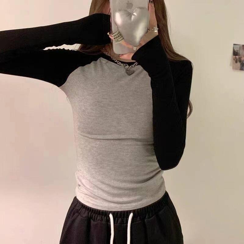 American-Style Spicy Girl Style Raglan Long-Sleeve T-Shirt for Women, Spring and Autumn, Pure Cotton, Slim Fit, High-Waisted, Color-Blocking Inner Top