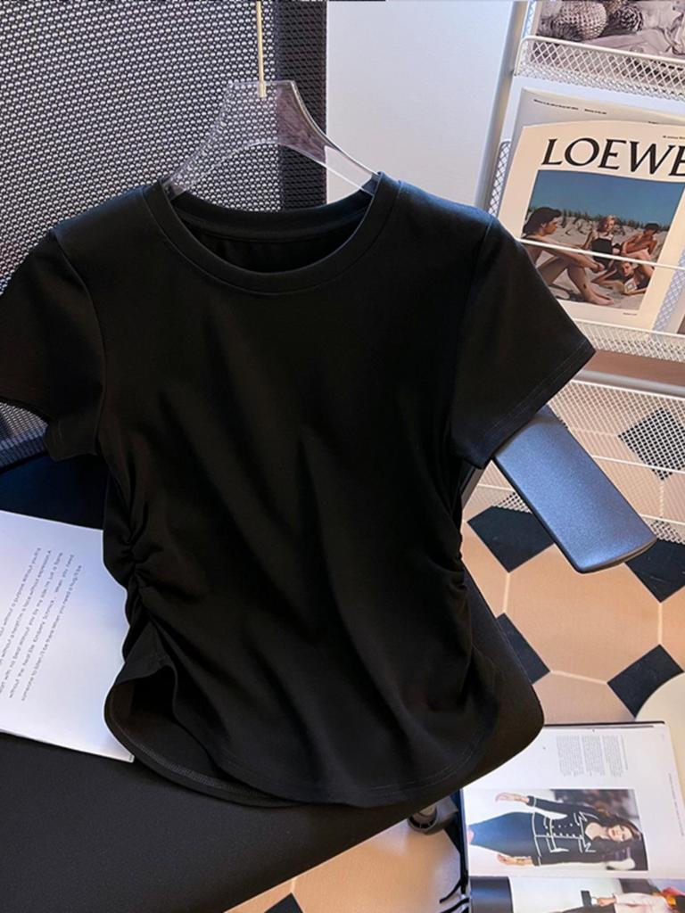 Women's Summer 2024 Ruched Waist Irregular Short Sleeve Round Neck T-Shirt