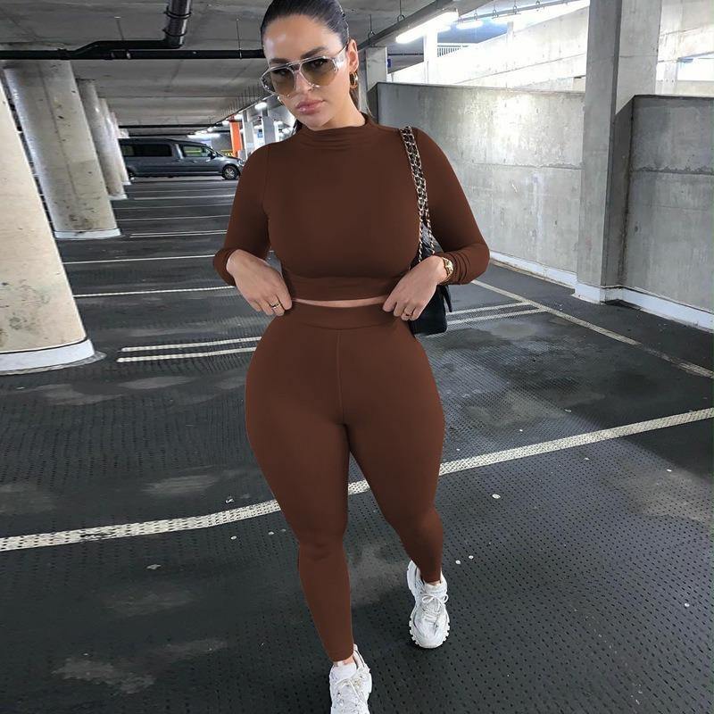 VEZFAA Women's Fashion Casual Spring Autumn Solid Color Print Long Sleeve O-Neck Trousers Pants Suits