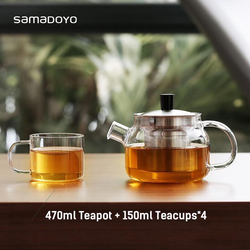 One Teapot & Four Cups Set, Heat-Resistant Glass Teapot Set, Loose Leaf Tea Infuser Teapot + Teacup Combination, 470ml