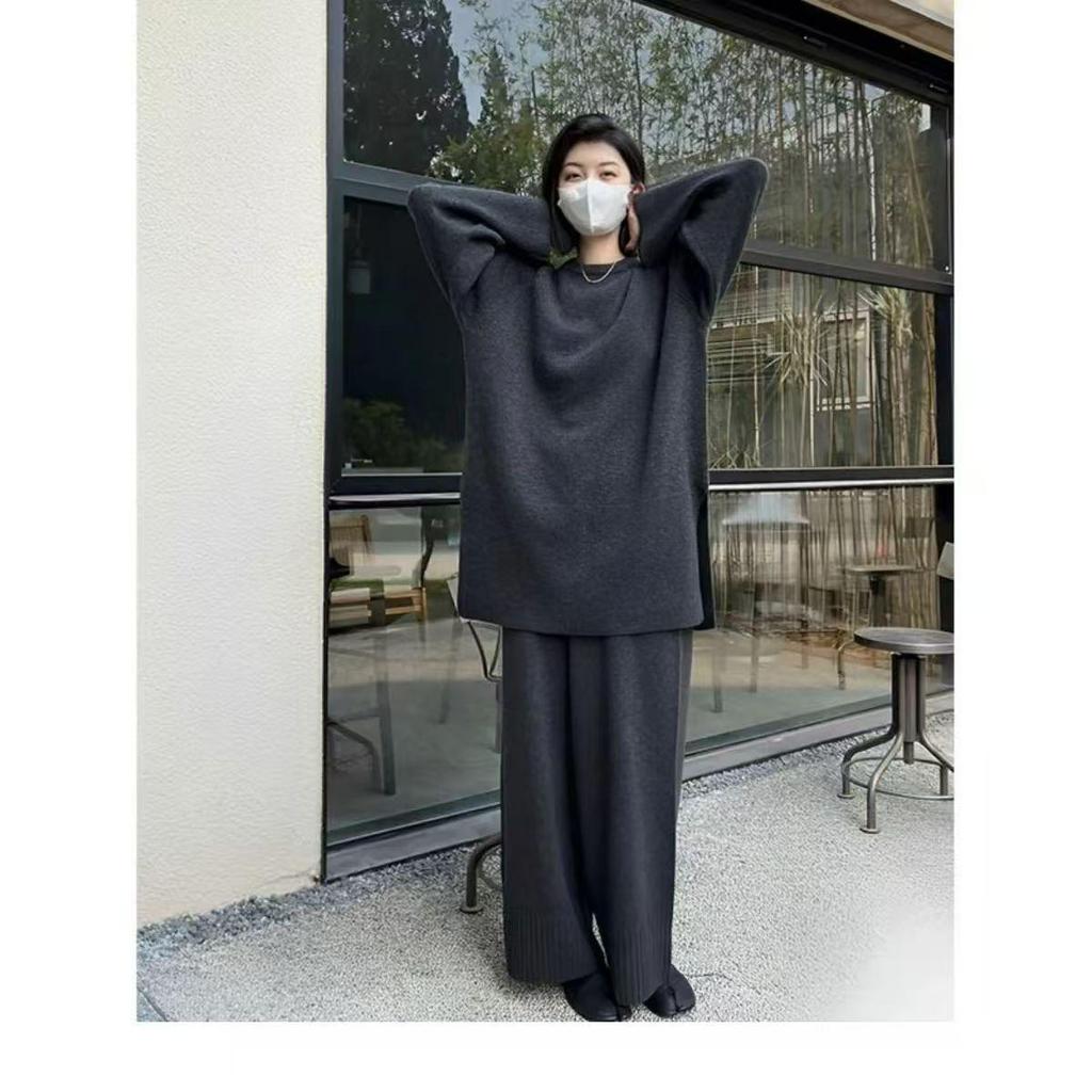 Women's Slit Sweater & Wide Leg Pants Set - Korean Style Casual Two-Piece for Autumn/Winter