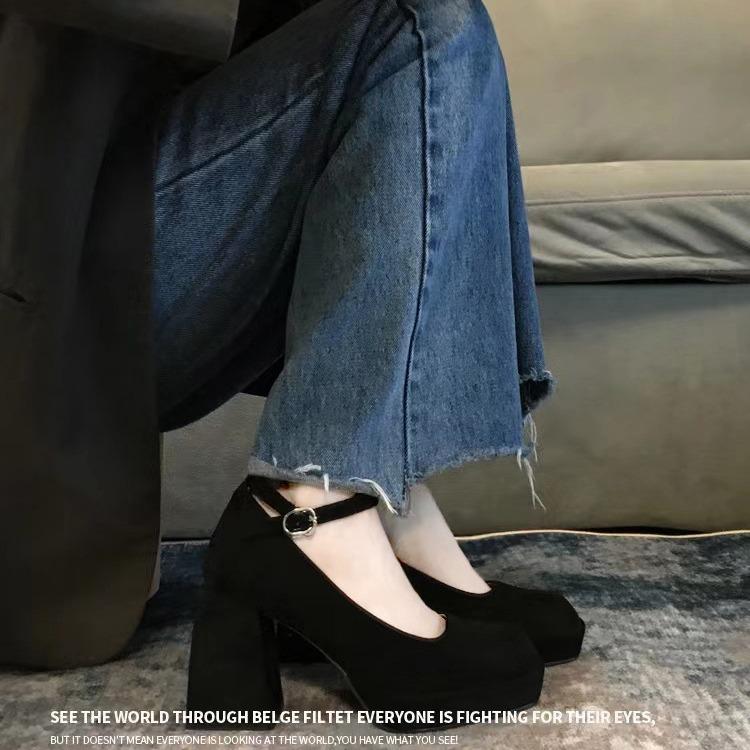 Pantofi cu toc înalt cu cataramă cu un singur cuvânt, pantofi cu toc gros pentru femei, pantofi simpli pentru femei, pantofi de domnișoară de onoare pentru femei, cu vârf pătrat, impermeabili, cu platformă groasă, pantofi Mary Jane