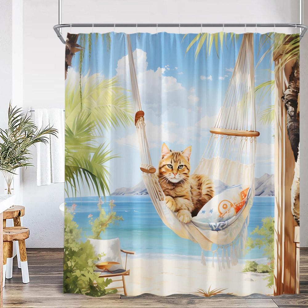 Funny Cat Shower Curtain Cat Riding Shark Dinosaur Flower Floral Polyester Bathtub Curtain Space Planet Bathroom Decor with Hook