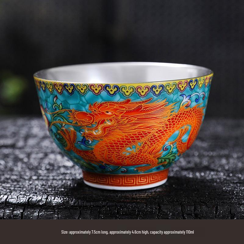 Handmade 999 Sterling Silver Dragon & Phoenix Enamel Tea Cup Gift Set - Gongfu Court Style