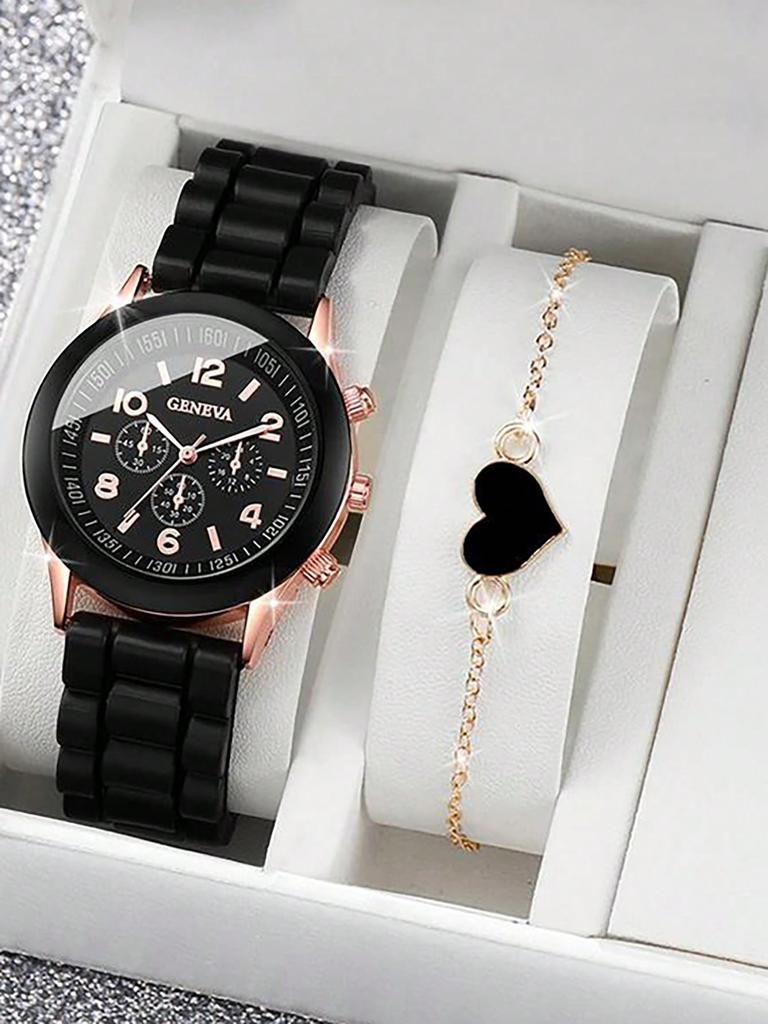 2pcs/set Geneva Watch Fashion Silicone Band Women Quartz Watches Heart Jewelry Set(Without Box)