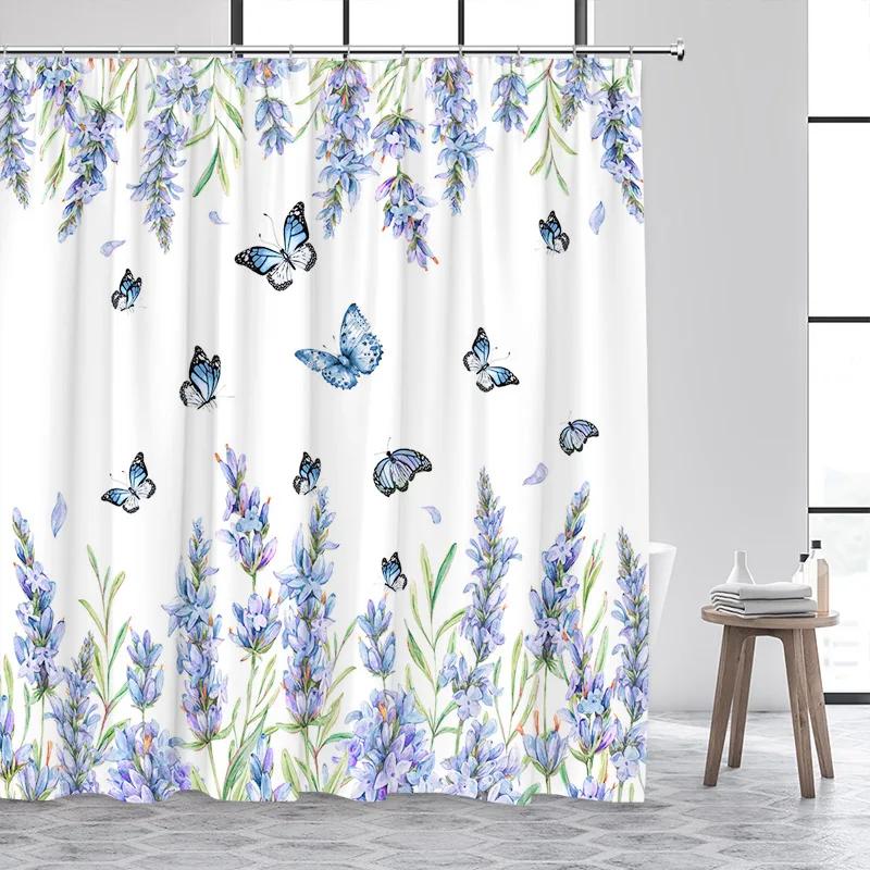 Forest Butterfly Shower Curtains Flowers Green Plants Butterflies Nature Waterfall Bath Curtain Fabric Bathroom Decor with Hooks