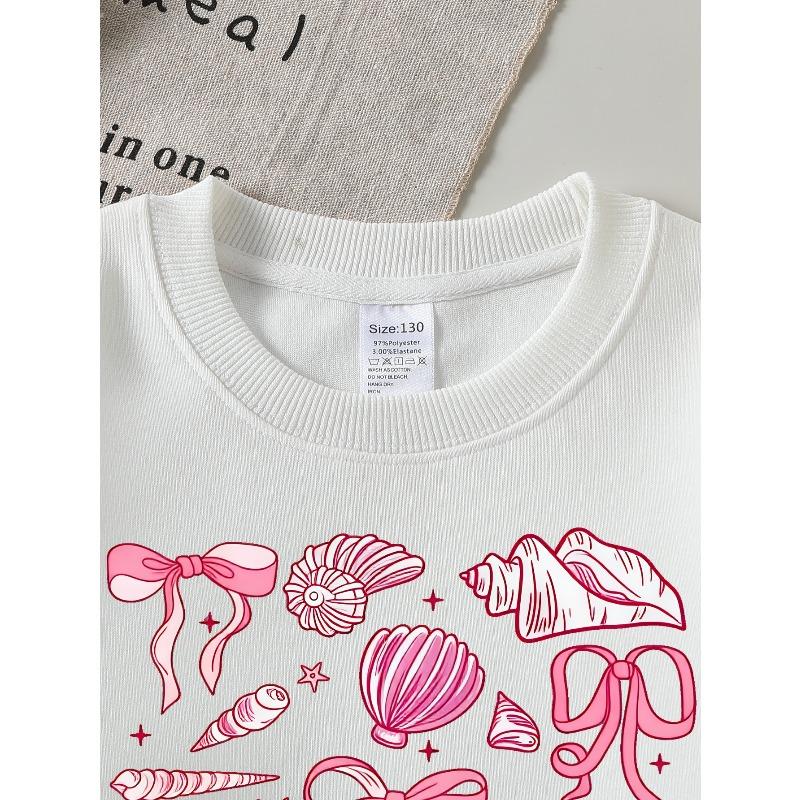 European Sizes Girls Soft Crewneck Sweatshirt Pink Seashells Bows Stars Pattern, Casual All-Match, Ideal Holiday Present