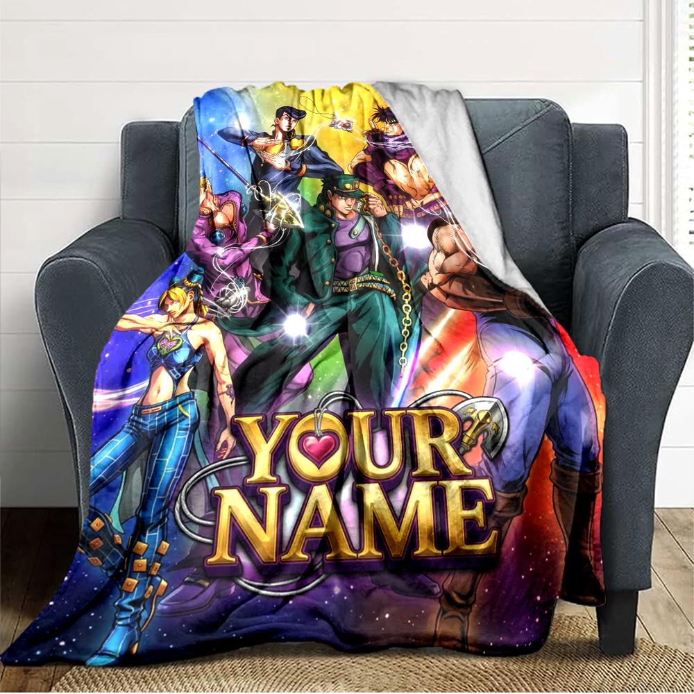 Couverture en Flanelle Personnalisable Nom Anime JJBA Impression Haute Qualité Chaude Confortable Couverture Toutes Saisons Parfaite pour Cadeaux Décoration Intérieure