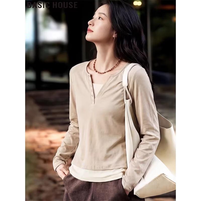 Basic House Women s Faux Two-Piece Long Sleeve T-Shirt XL