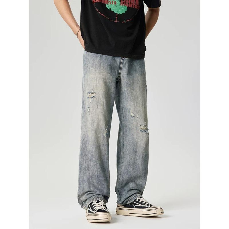 American retro ripped washed straight jeans men's street hip hop trend youth loose and versatile wide-leg trousers