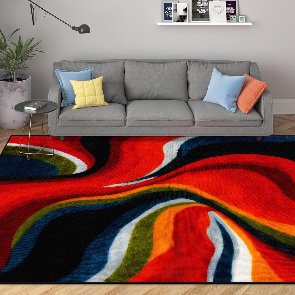 Abstract Modern Geometric Area Rugs Bedroom Living Room Non-slip Floor Mat with Vortex Red Orange Dining Room Carpet Washable