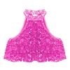 Girls Dance Competition Top Sleeveless Mock Neck Shiny Sequin Tiered Backless Crop Top Stage Performance Outfit