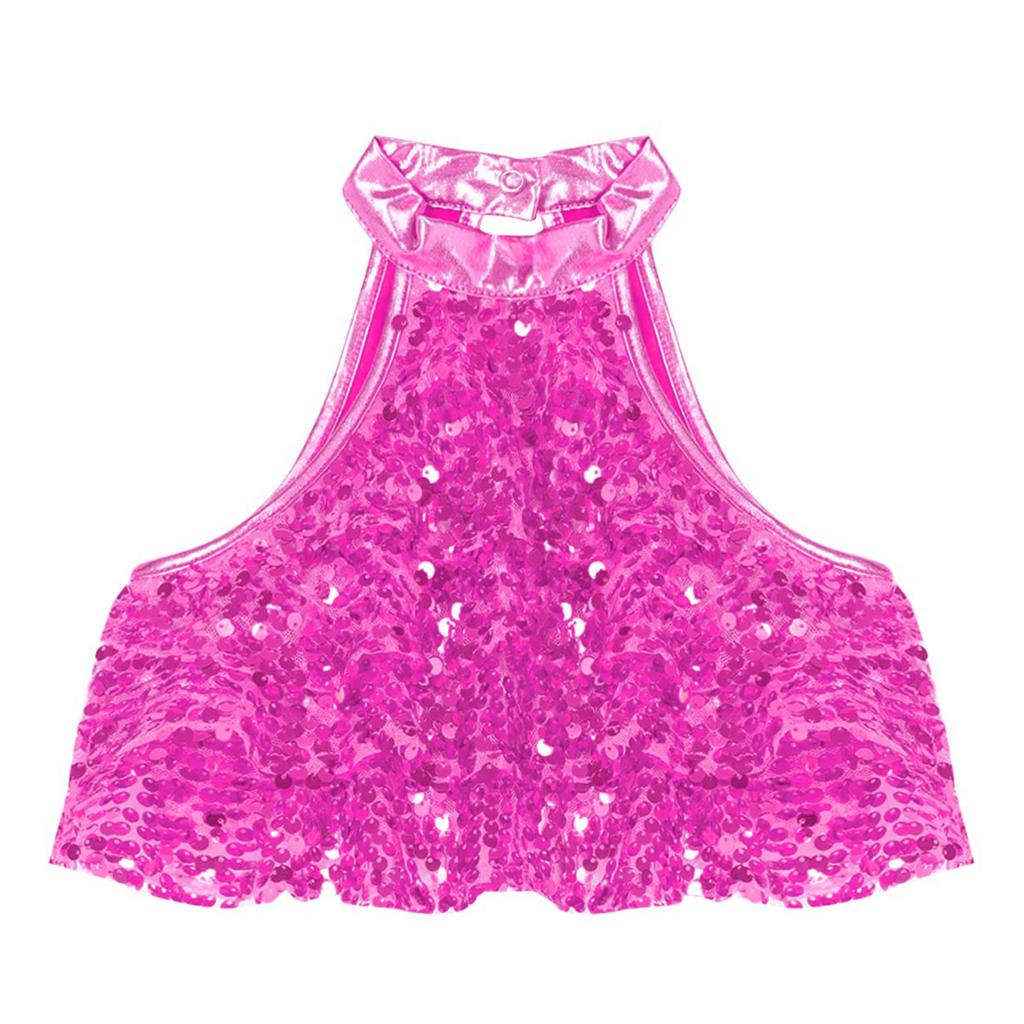 Girls Dance Competition Top Sleeveless Mock Neck Shiny Sequin Tiered Backless Crop Top Stage Performance Outfit