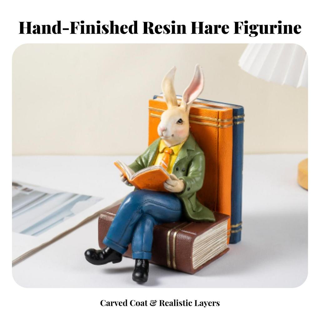 Rabbit Figurine with Books Whimsical Decor Gold for Reading Nook, Avid Readers