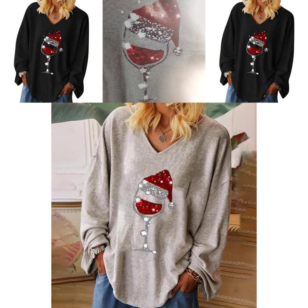 Trendige Damen Weihnachten Weinglas V-Ausschnitt Langarm Pullover Bluse Tops