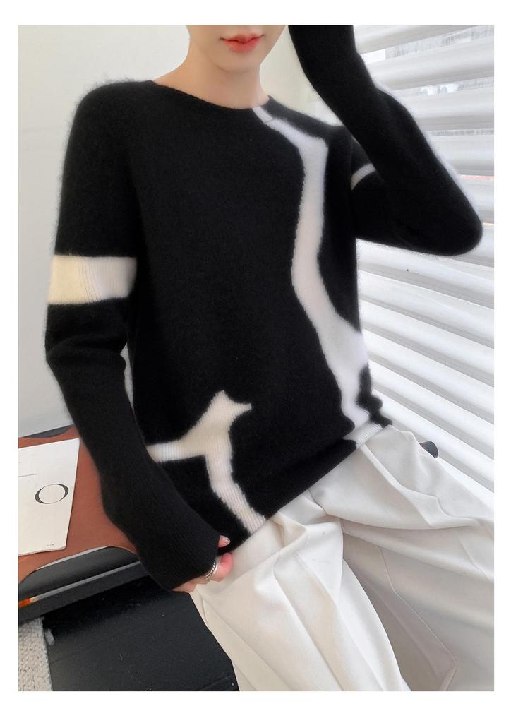 Women's Cashmere Color Block Round Neck Pullover Sweater - Elegant Style, Warm Knit