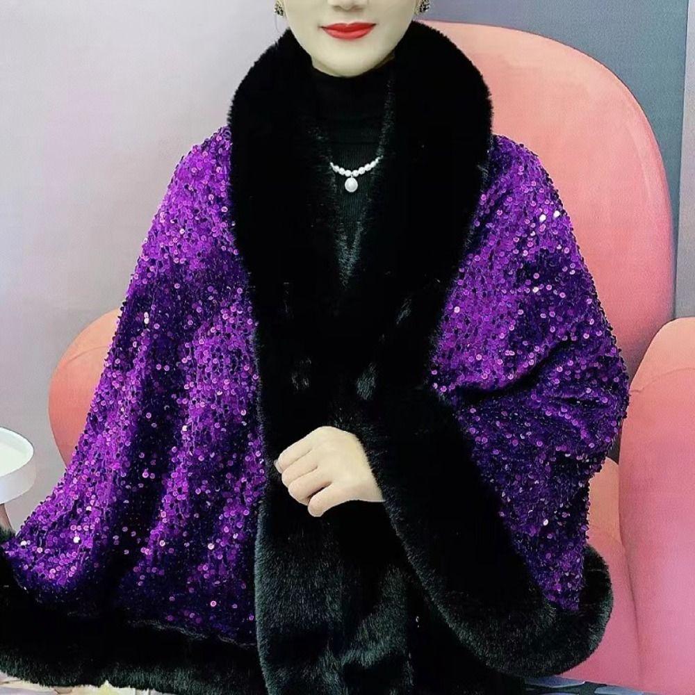 Warm Plush Shawl Autumn Winter Thicken Cardigan Soft Fur Collar Sequined Shawl