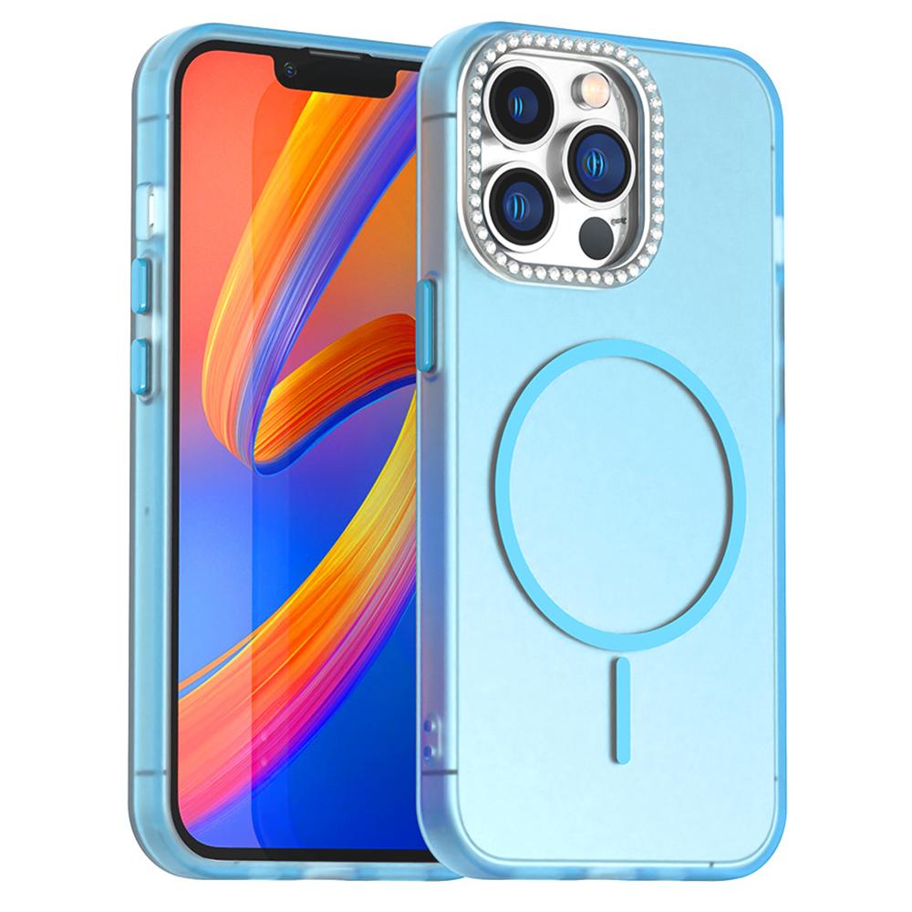 For iPhone 13 Pro Max Case Compatible with MagSafe TPU+PC+PET Phone Cover Rhinestone Decor Lens Frame