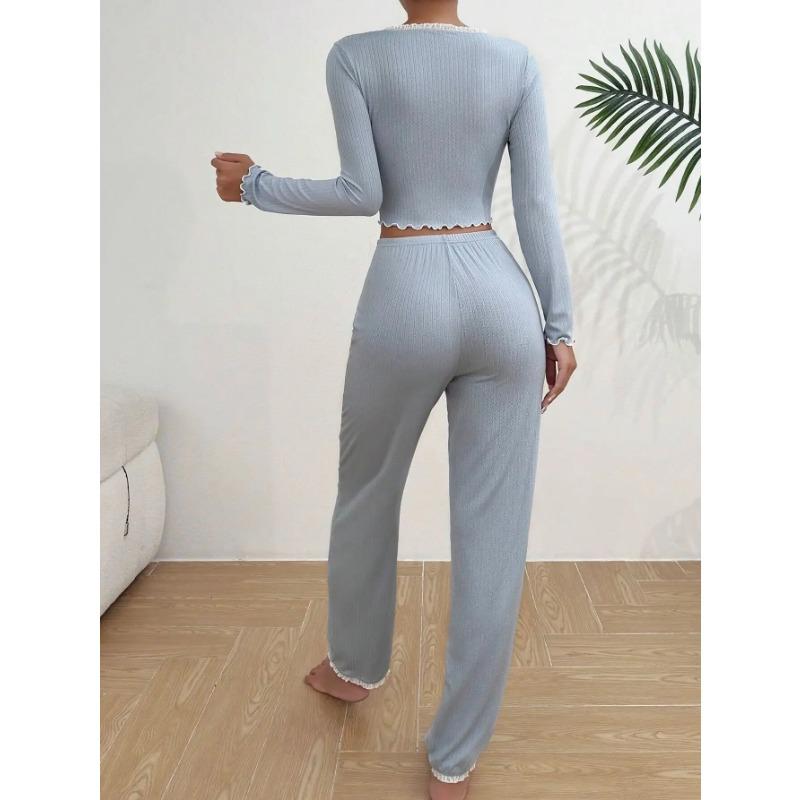 Autumn and Winter Home Wear Pajamas Set Women's Long-sleeved Shirts and Trousers 2-piece Set Sexy Lace Pajamas Pajamas Home Wear