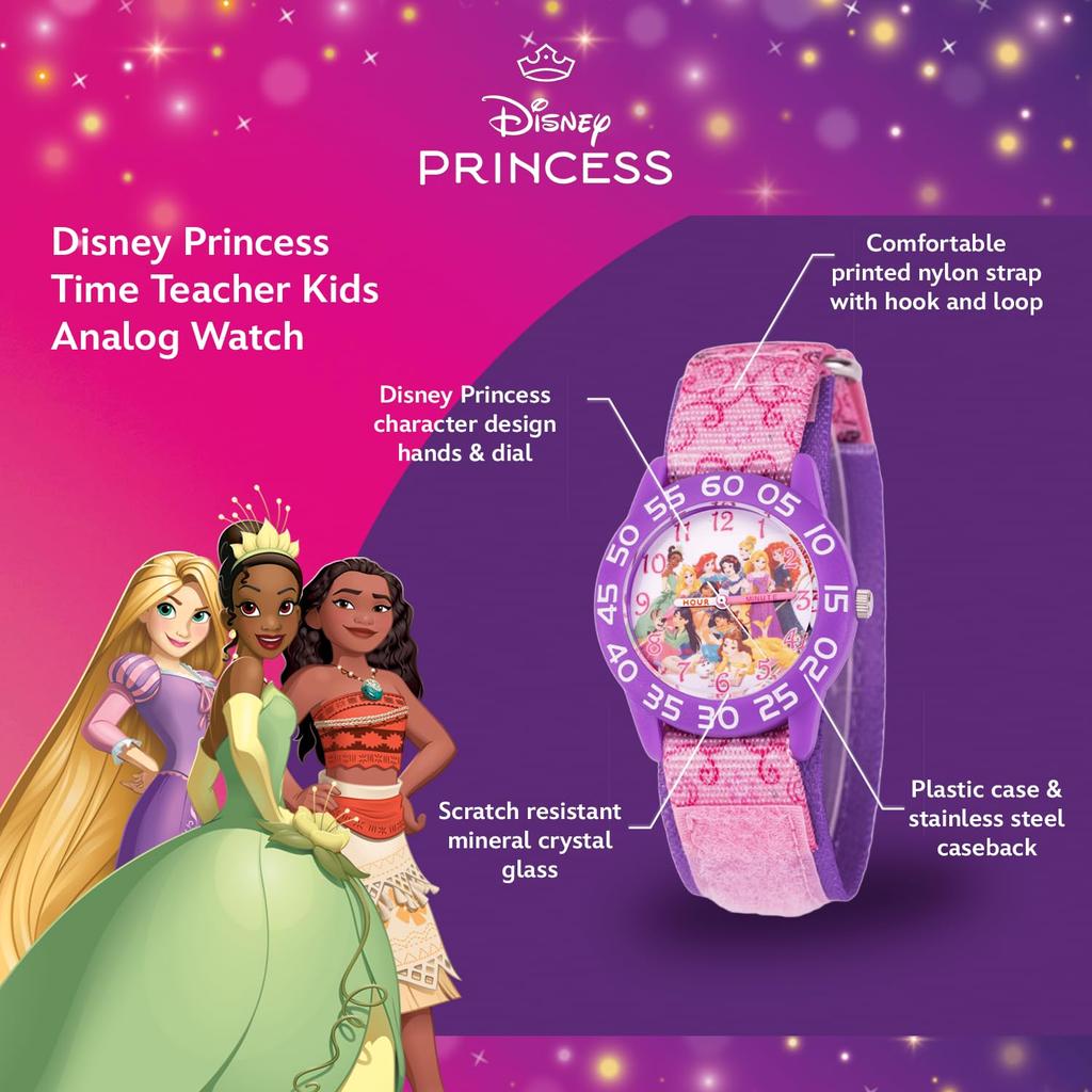 Disney Princess Plastic Time Teacher Analog Quartz Nylon Strap Strap Kids' Watch, Pink,