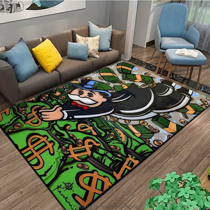 Playful Rich Man Game Monopoly Dollar Cartoon Carpet Rug for Bedroom and Living Room Non-slip Floor Mat Decorative Sofa Doormat