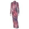 European and American Retro Printed Women's Clothing Slightly Transparent Hip Skirt High Neck Long Sleeve Temperament Slim Dress