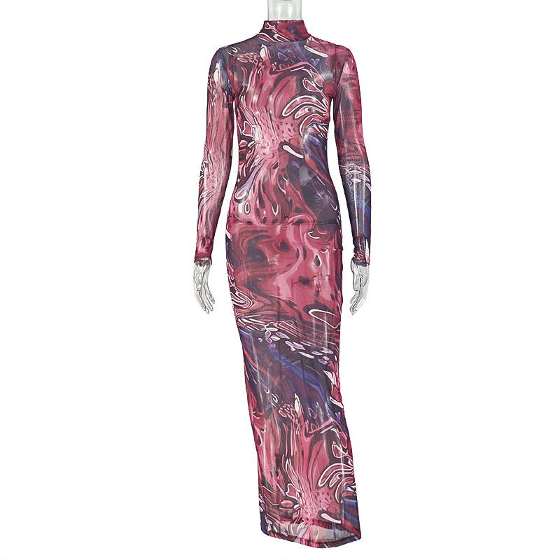 European and American Retro Printed Women's Clothing Slightly Transparent Hip Skirt High Neck Long Sleeve Temperament Slim Dress
