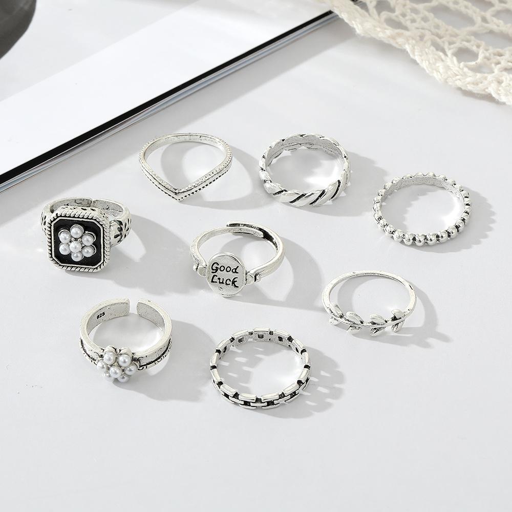 8PCS Vintage Geometric Metal Rings Set Engraved Letters Good Luck Women Trendy Jewelry