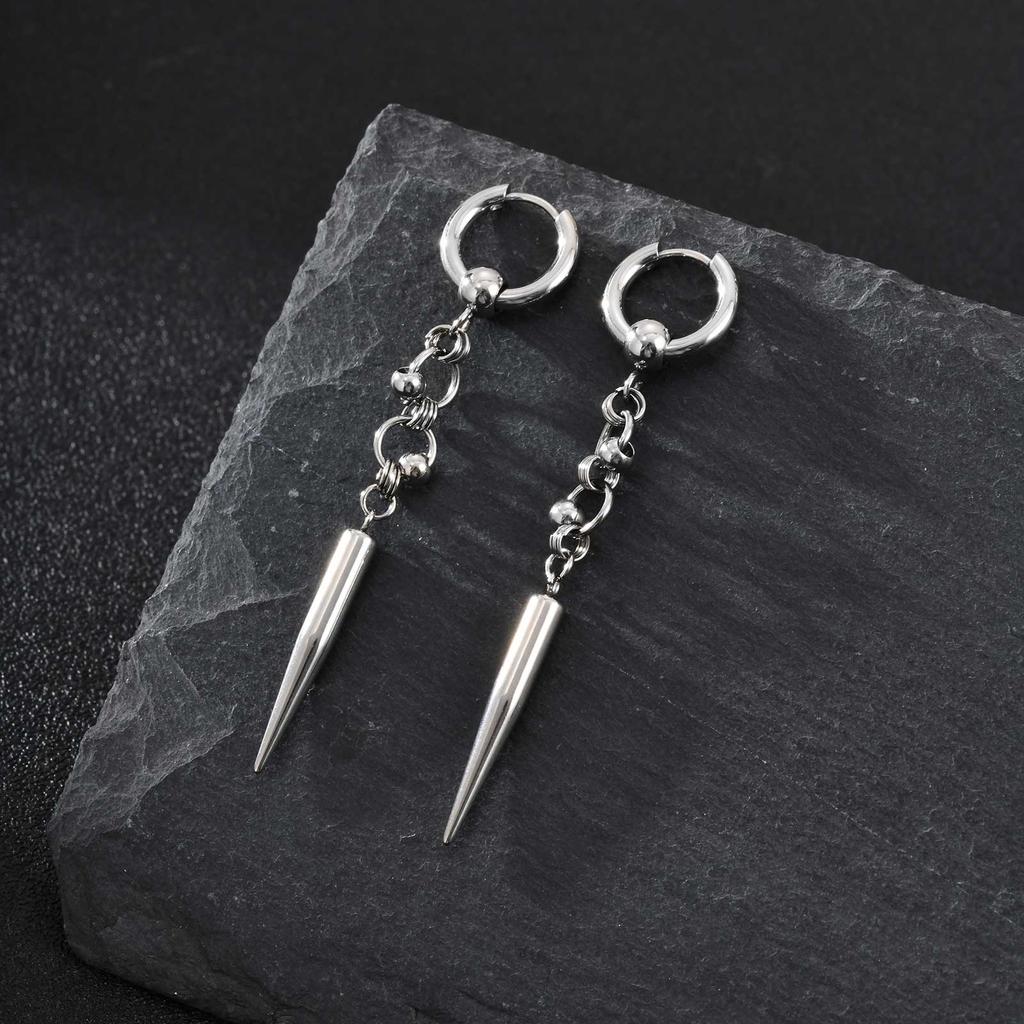 Vintage Fashion Punk Gothic Cone Pendant Earrings for Men, Stainless Steel Silver Color Drop Earrings, Retro Hip-hop Jewelry