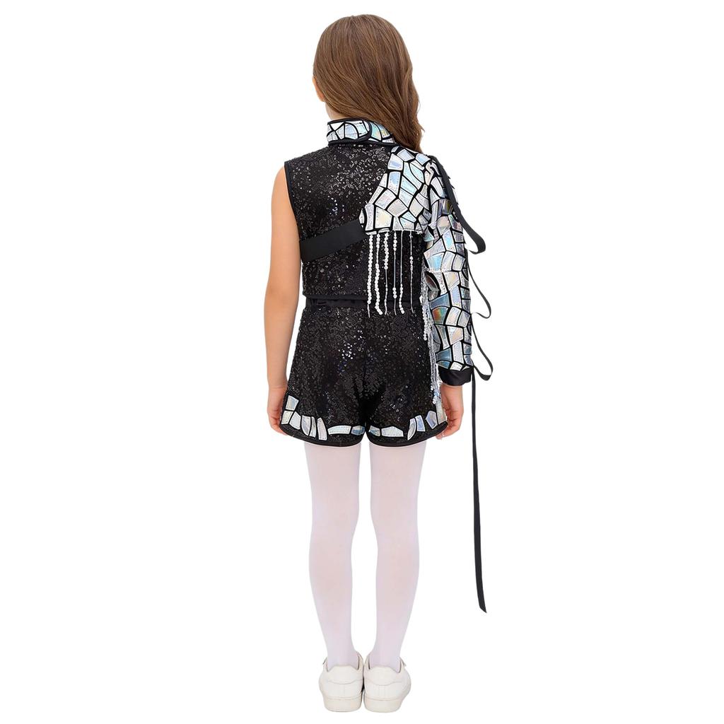 Completo Hip Hop Danza Bambini Top Corto Senza Maniche Zip Up Laccato Paillettes Shorts Set Maniche con Nappe Staccabili