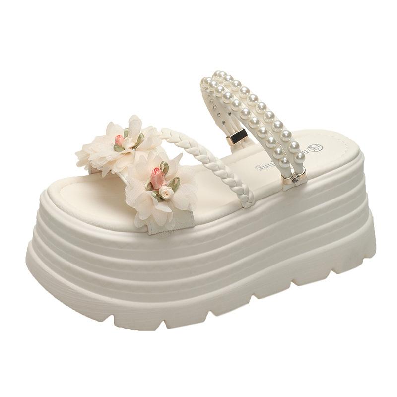 

Internet celebrity pearl beaded flower slippers female summer wear two wear 8cm thick bottom height increase skirt muffin one-word drag 39
