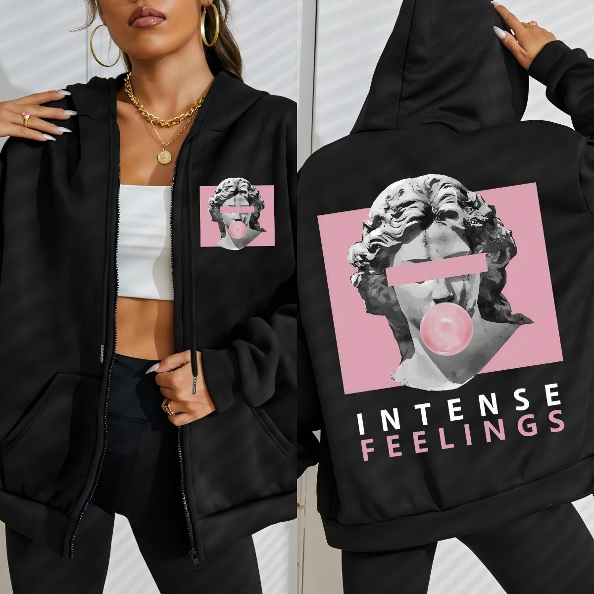 

Скульптура «Интенсивные чувства» Принт с розовыми пузырями Женская толстовка на молнии Свободная флисовая толстовка с капюшоном Худи Мягкие топы 3XL