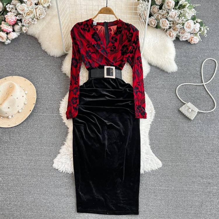 New Autumn Celebrity Temperament V Neck High Waist Dress with Bronzing Printing Fold Stitching and False Two Bag Hip Design