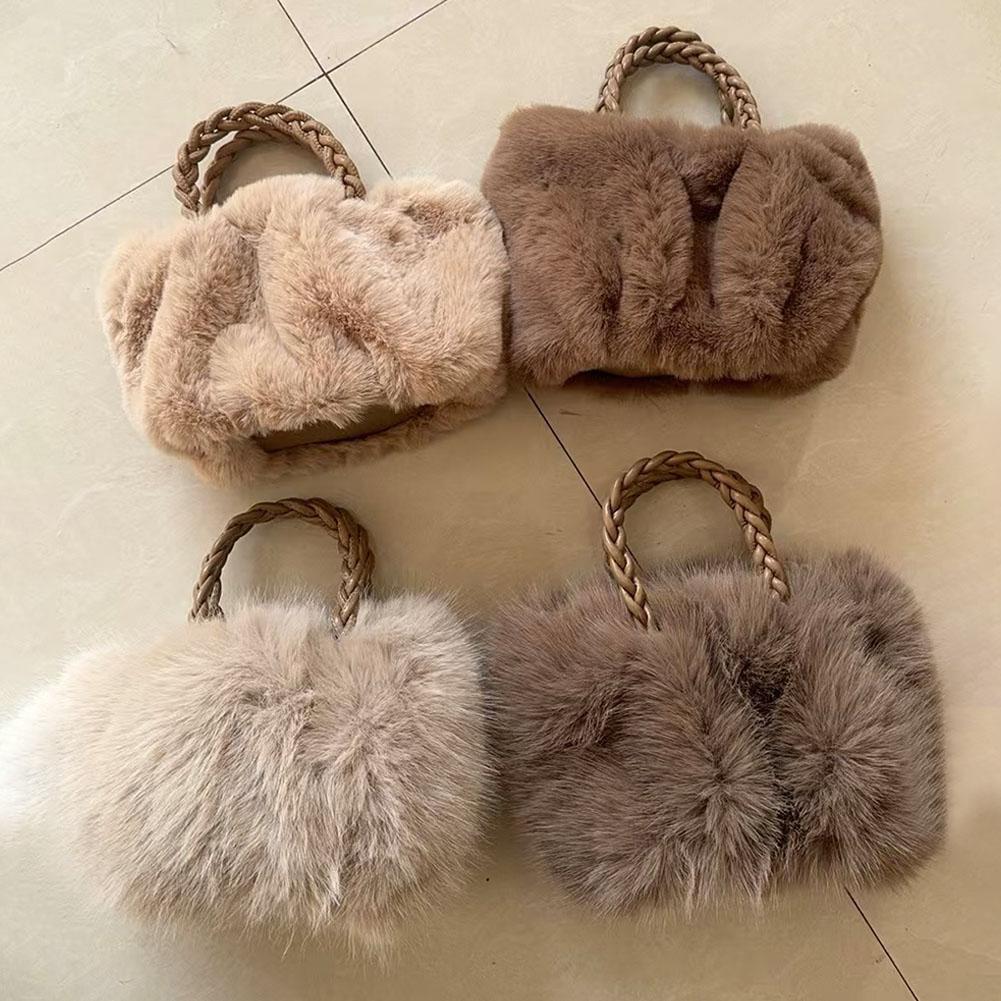 Cute Pumpkin Bag Faux Fur Tote Bag Women's Bucket Plush Luxury Design Ladies Handbags Soft Winter Crossbody Shoulder Bags