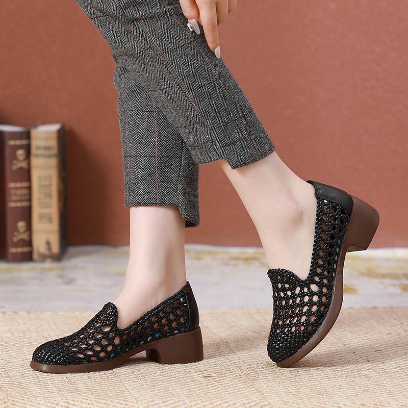 2025 Summer Hollow Woven Breathable Shoes Women Sandals Big Size Thick Heels Genuine Leather Shoes Summer Casual Sandals