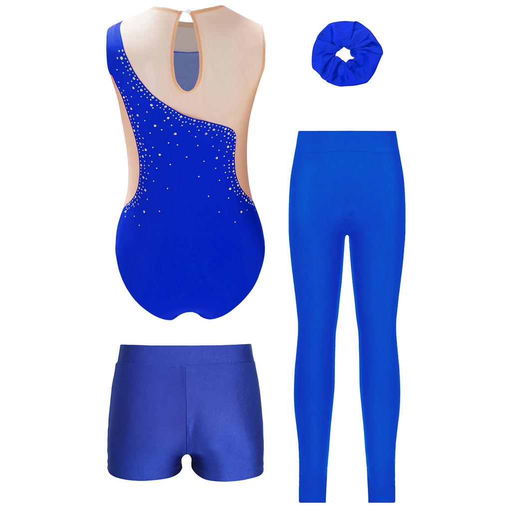Mädchen Glitzer Strass Turnen Leotard Set Bund Shorts Leggings Kopfbedeckung Eiskunstlauf Outfit