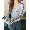 2026 Spring Korean Color Block V-Neck Long Sleeve Women's T-Shirt with Versatile Striped Embroidery Design