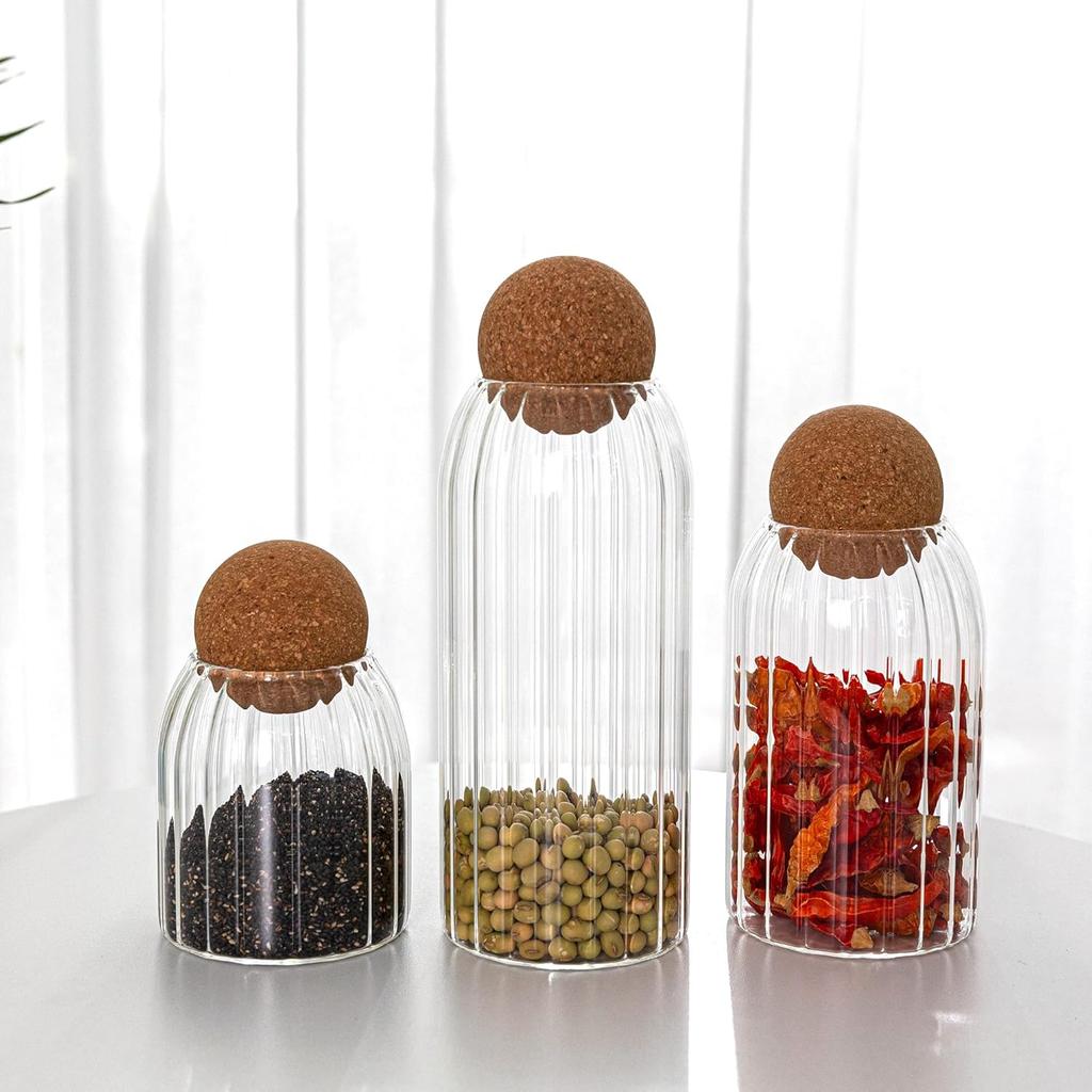 3-Piece Glass Jar Set with Cork Lids, Airtight Round Containers for Coffee Beans & Nuts, Wooden Seal Canisters