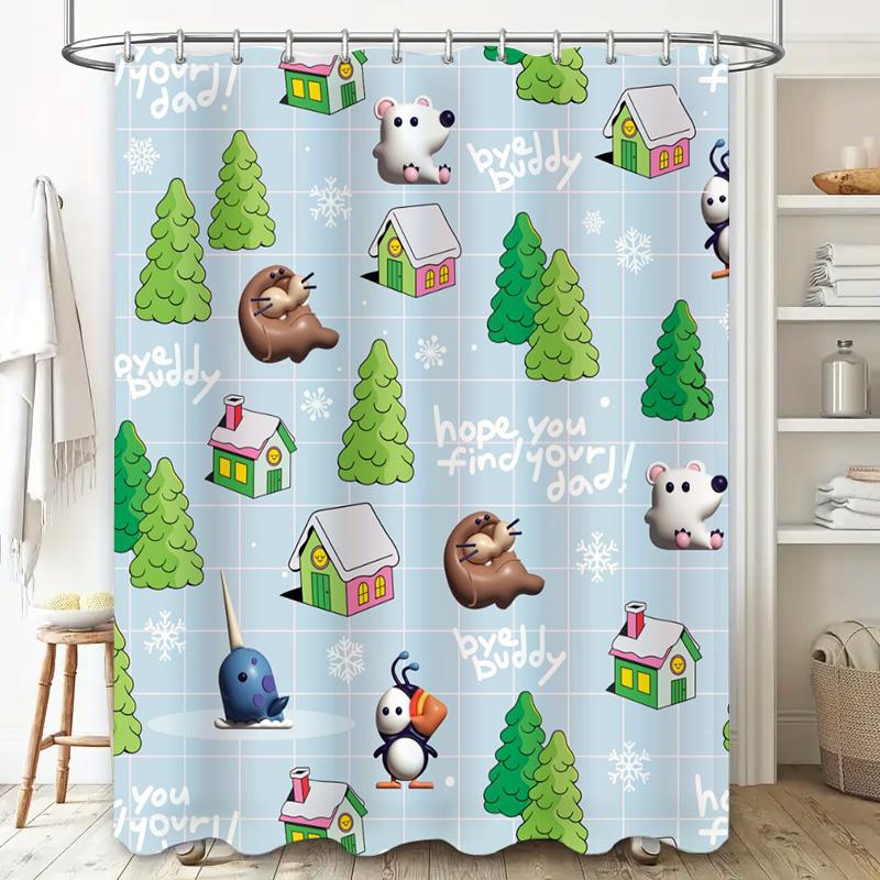Whimsical Christmas Shower Curtain With Adorable Animal Design Blue Background Decorative Bathroom Liner For Home Decoration Gif