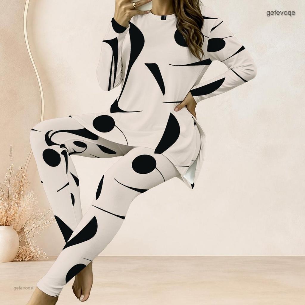 Women Plus Size Two Piece Set Round Neck Long Sleeve White Blue Printed Top Fitted Long Pants