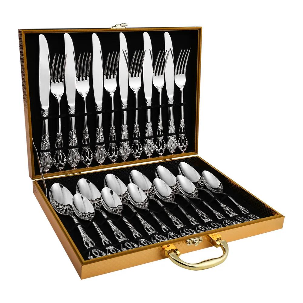 Stainless Steel Relievo Tableware Set, Banquet Western Tableware, Golden Gift Box, Retro Knife, Fork, Spoon, 24 Pcs