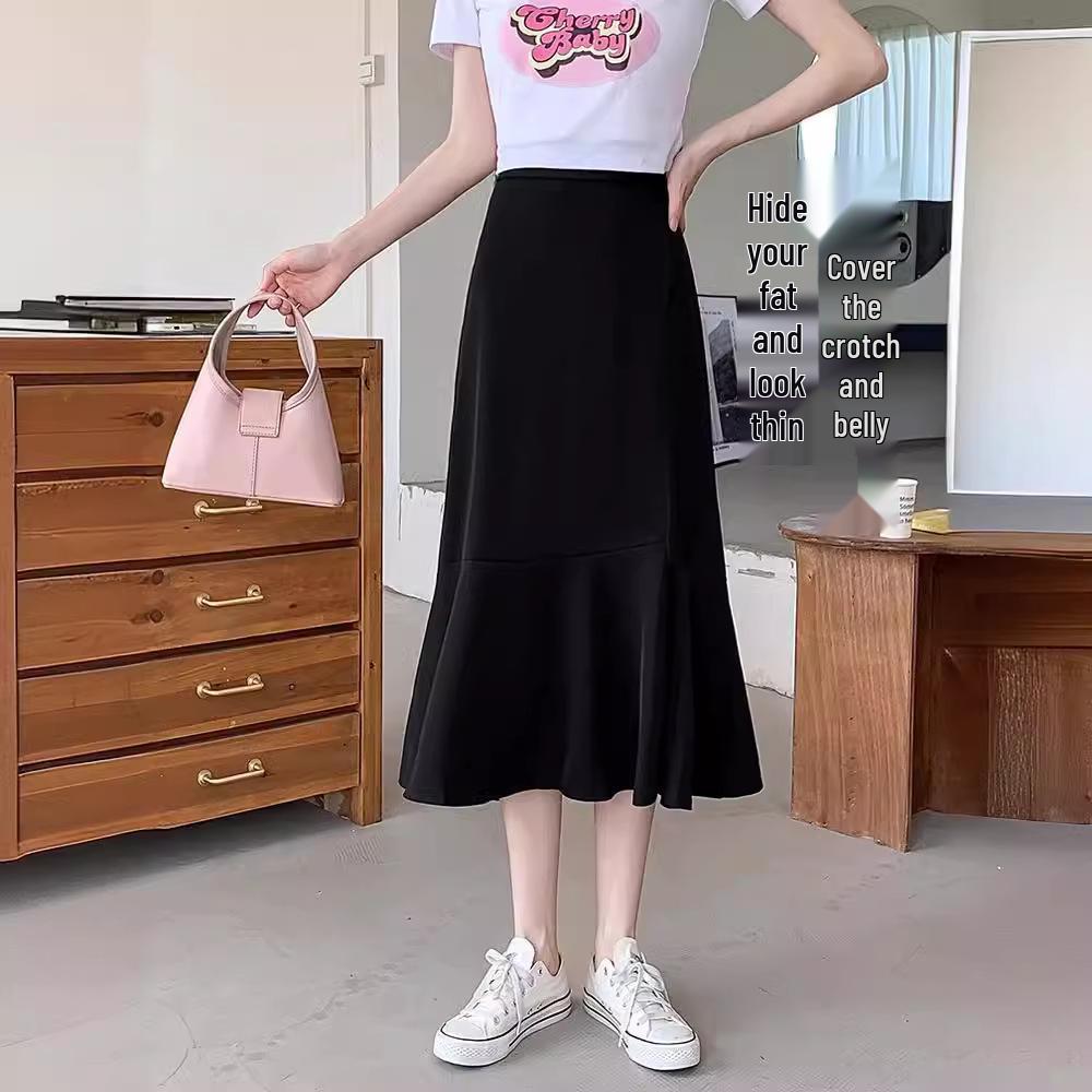 

Женская юбка А-силуэта с завышенной талией, черная, с рыбьим хвостом - лестная весенняя юбка для больших размеров, скрывающая живот и стройнящая, доступна короткой и длинной длины. M чёрный