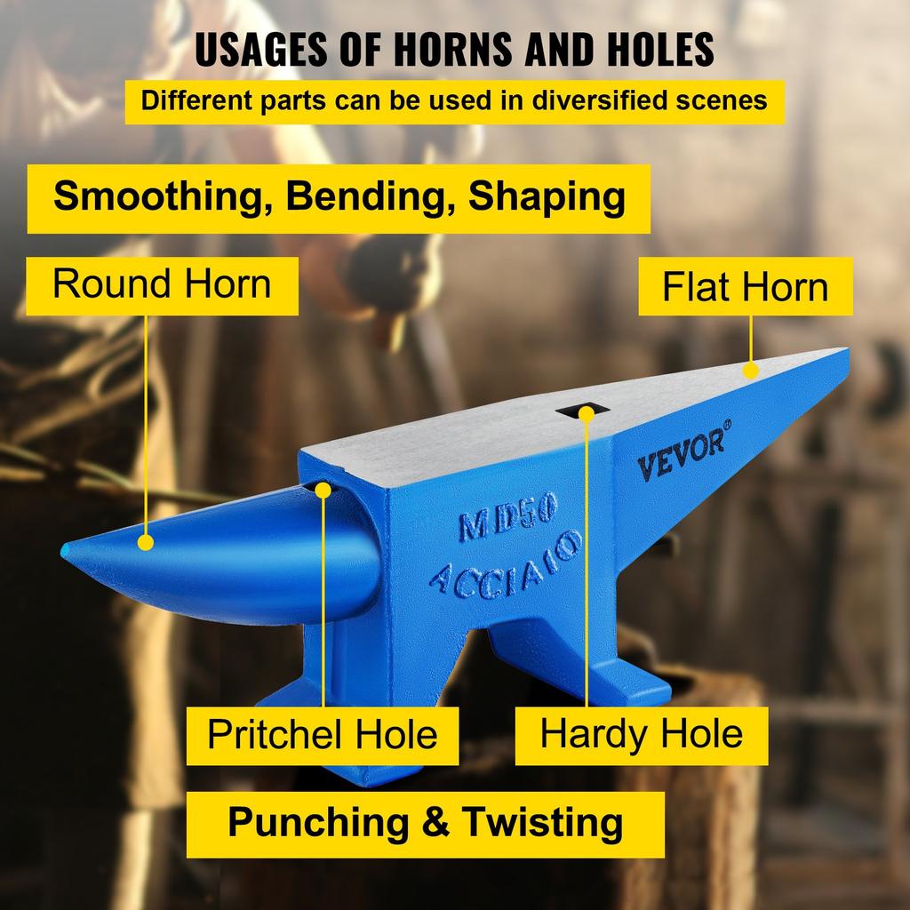 VEVOR Single Horn Anvil Cast Steel Anvil Blacksmith for Sale Forge Steel Tools with Round and Square Hole and Equipment Anvil Rugged Blacksmith