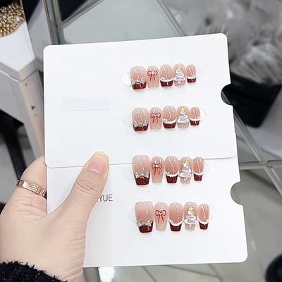 Pure Handmade Phototherapy Wearable Nail Tablets Christmas Bow Wearable Nail Finished Product Reusable Nail Art