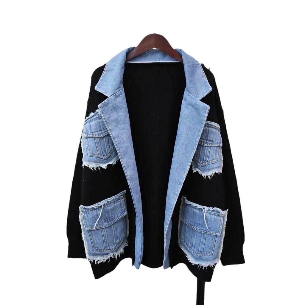 Autumn Winter Denim Pocket Spliced Women Sweater Jacket Casual Versatile Knit Female Cardigans Coat Tops