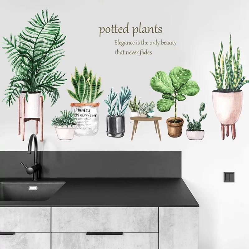 New Bedroom Living Room Potted Succulent Leaf Cactus 3D Decorative Wall Stickers