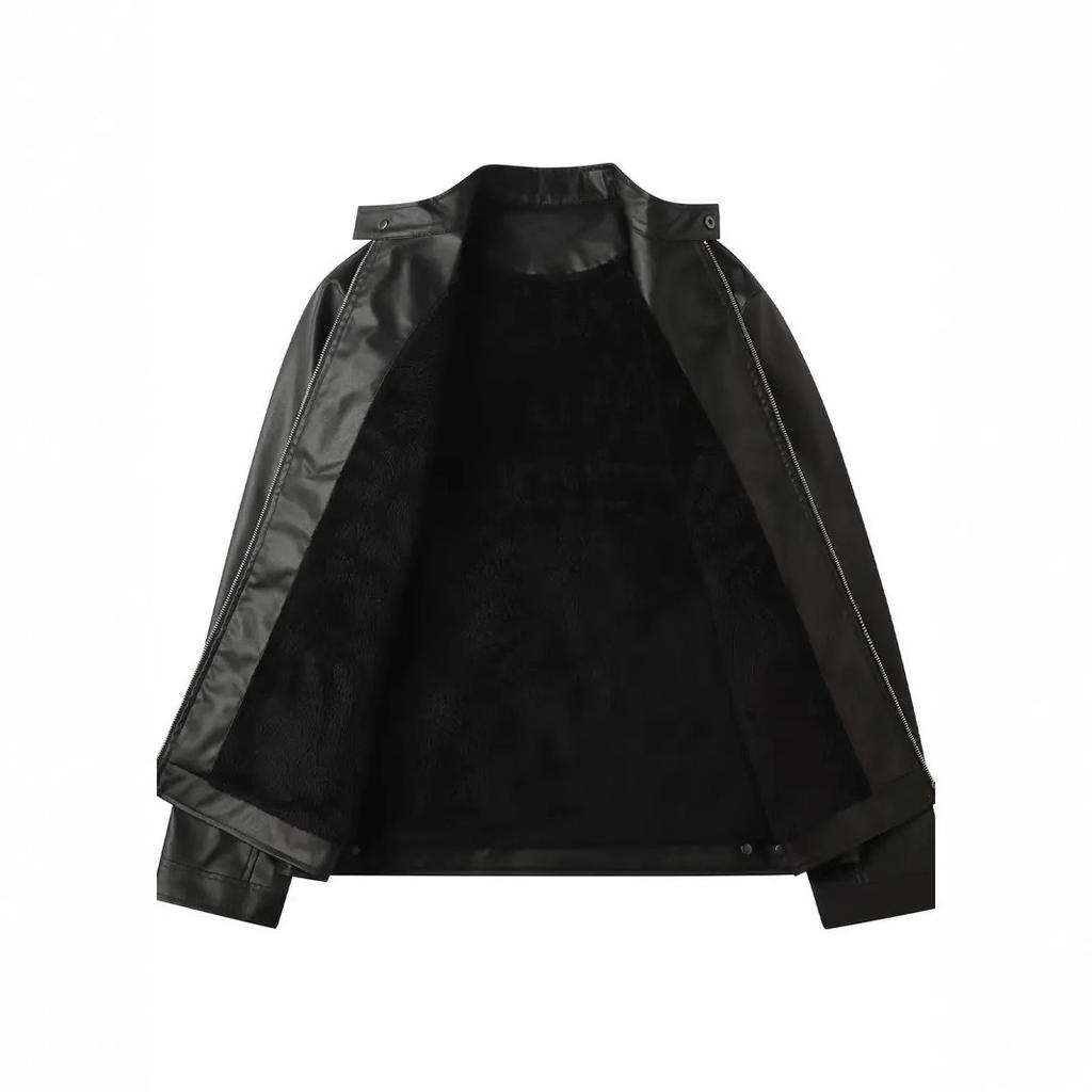 Winter new men's business gentleman fleece thickened zipper cardigan stand-up collar large size leather jacket men